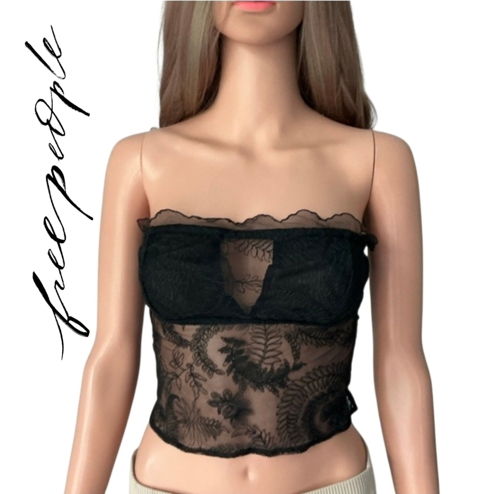 Free People Black Crop Lace Top Sz S